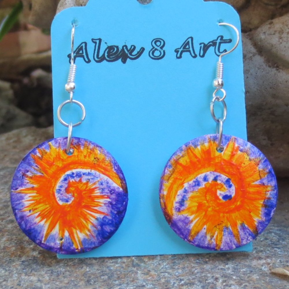Handcrafted Pierced Earrings Orange & Purple Tie Dye Swirl Hand Painted Wood